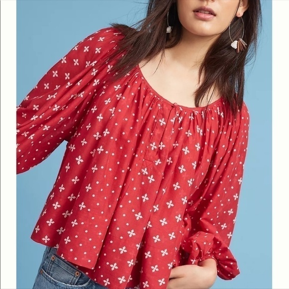 Anthropologie Kopal Puff Sleeve Peasant Boho Flowy Crop Shirt - Picture 2 of 7